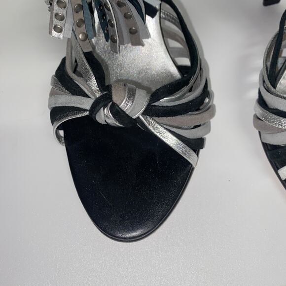 Bridget Shuster Black Silver Gray Leather Tassel Ankle Strap Heeled Sandals 7.5 - Picture 4 of 10